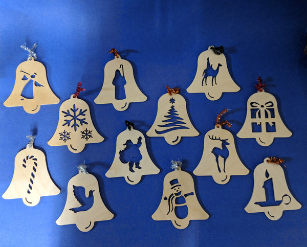 Christmas ornaments wooden (set of 12), Christmas ornaments bells, Christmas ornaments set, Christmas ornaments cutouts