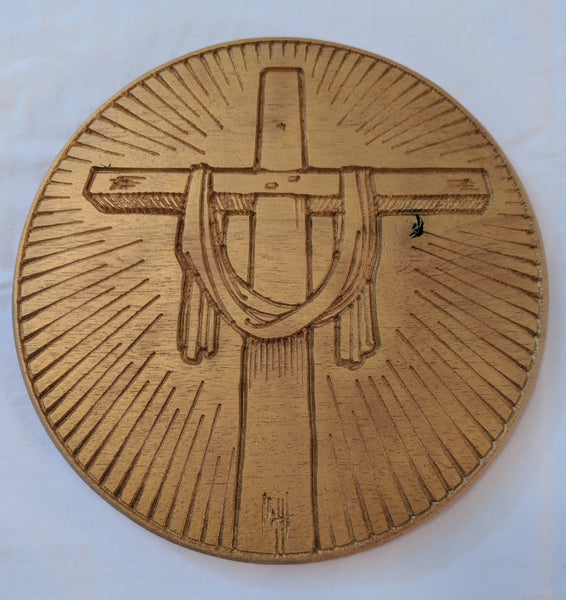 Glory of the Cross, He is Risen wood carving, Gold tinted cross relief carving